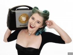 2018-11-04 Sophie Pixie with vintage Ferguson radio, in black bolero posture top, black strapless bra and black control briefs worn as hotpants