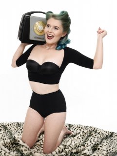 2018-11-04 Sophie Pixie with vintage Ferguson radio, in black bolero posture top, black strapless bra and black control briefs worn as hotpants