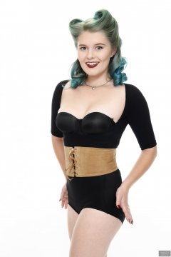2018-11-04 Sophie Pixie in black bolero posture top, black strapless bra and black control briefs worn as hotpants