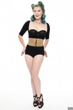 2018-11-04 Sophie Pixie in black bolero posture top, black strapless bra and black control briefs worn as hotpants