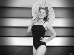 2018-11-04 Sophie Pixie in black vintage-style tummy-control swimsuit, demonstrating the studio