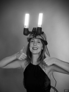 2018-11-17 Madame Cerise demonstrates  lighting helmet invention