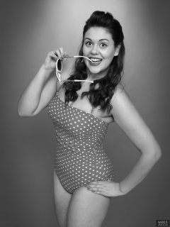 2018-12-15 Darcy Bennet in her own red and white polka-dot one-piece swimsuit