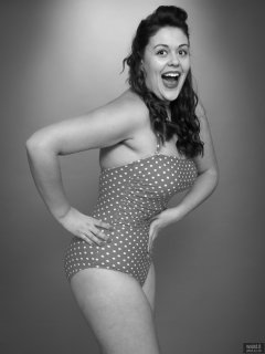 2018-12-15 Darcy Bennet in her own red and white polka-dot one-piece swimsuit