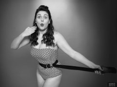 2018-12-15 Darcy Bennet in her own red and white polka-dot one-piece swimsuit