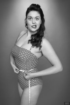 2018-12-15 Darcy Bennet in her own red and white polka-dot one-piece swimsuit