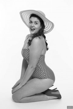 2018-12-15 Darcy Bennet in her own red and white polka-dot one-piece swimsuit