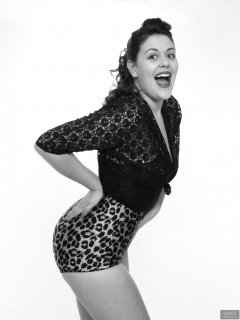 2018-12-15 Darcy Bennet in black vintage lace top and animal print control briefs worn as hot pants