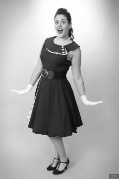 2018-12-15 Darcy Bennet in her own blue vintage style formal dress, and worn with tight  belt and white petticoat