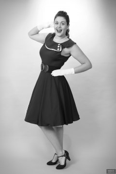 2018-12-15 Darcy Bennet in her own blue vintage style formal dress, and worn with tight  belt and white petticoat
