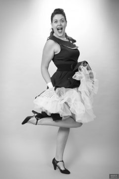 2018-12-15 Darcy Bennet in her own blue vintage style formal dress, and worn with tight  belt and white petticoat