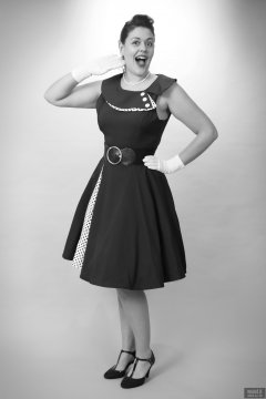 2018-12-15 Darcy Bennet in her own blue vintage style formal dress, and worn with tight  belt and white petticoat