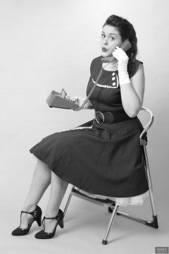 2018-12-15 Darcy Bennet in her own blue vintage style formal dress, and worn with tight  belt and white petticoat