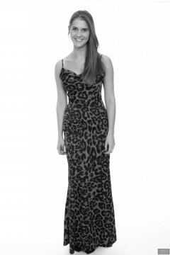 2019-02-10 JaySeaW in her own red and black animal-print full-length evening dress.