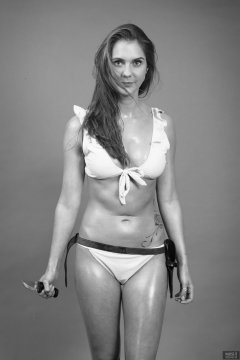 2019-02-10 JaySeaW as Honey Ryder (from Dr. No), c/w shell and sheath-knife,  wearing her own pale blue bikini. Wet-look achieved with baby oil and a fine mist of warm water.