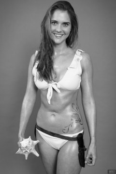 2019-02-10 JaySeaW as Honey Ryder (from Dr. No), c/w shell and sheath-knife,  wearing her own pale blue bikini. Wet-look achieved with baby oil and a fine mist of warm water.