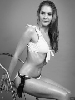 2019-02-10 JaySeaW as Honey Ryder (from Dr. No), c/w shell and sheath-knife,  wearing her own pale blue bikini. Wet-look achieved with baby oil and a fine mist of warm water.