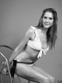 2019-02-10 JaySeaW as Honey Ryder (from Dr. No), c/w shell and sheath-knife,  wearing her own pale blue bikini. Wet-look achieved with baby oil and a fine mist of warm water.