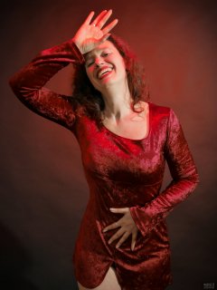 2019-03-30 Chiara in her own burgundy velvet top, and burgundy control briefs worn as hotpants