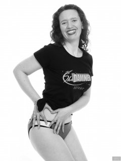 2019-03-30 Chiara in her own "Damned" T-shirt, worn over blue neoprene bikini