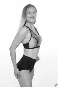 2019-05-04 Fabiene in black and silver neoprene sports top and black bum-lifter control briefs worn as hotpants