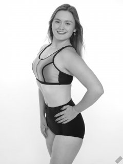 2019-05-04 CloEliza in black and silver neoprene sports top and black "style 210" vintage pantie girdle worn as hotpants