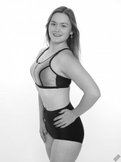 2019-05-04 CloEliza in black and silver neoprene sports top and black "style 210" vintage pantie girdle worn as hotpants