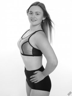 2019-05-04 CloEliza in black and silver neoprene sports top and black "style 210" vintage pantie girdle worn as hotpants