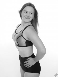 2019-05-04 CloEliza in black and silver neoprene sports top and black "style 210" vintage pantie girdle worn as hotpants
