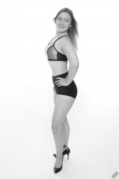 2019-05-04 CloEliza in black and silver neoprene sports top and black "style 210" vintage pantie girdle worn as hotpants