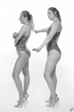 2019-05-04 Fabiene and CloEliza in 1980's blue crocskin one-piece swimsuits