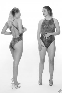 2019-05-04 Fabiene and CloEliza in 1980's blue crocskin one-piece swimsuits