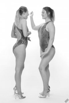 2019-05-04 Fabiene and CloEliza in 1980's blue crocskin one-piece swimsuits