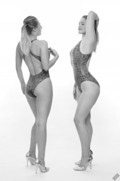 2019-05-04 Fabiene and CloEliza in 1980's blue crocskin one-piece swimsuits