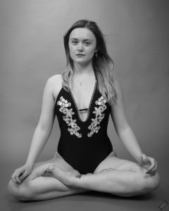2019-05-04 CloEliza doing yoga  in her own vintage-style one-piece swimsuit