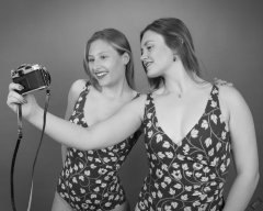 2019-05-04 Fabiene and CloEliza in maroon and gold vintage swimsuits