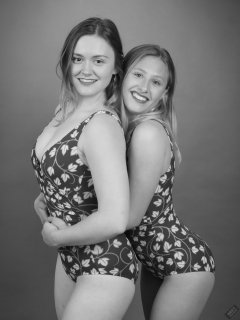 2019-05-04 CloEliza and Fabiene in maroon and gold vintage swimsuits