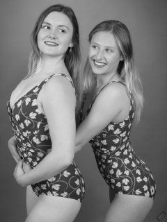2019-05-04 CloEliza and Fabiene in maroon and gold vintage swimsuits
