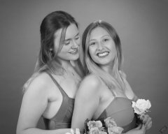 2019-05-04 CloEliza and Fabiene in purple vintage tummy-control one-piece swimsuits