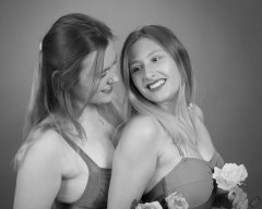 2019-05-04 CloEliza and Fabiene in purple vintage tummy-control one-piece swimsuits