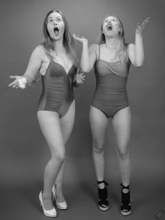 2019-05-04 CloEliza and Fabiene in purple vintage tummy-control one-piece swimsuits