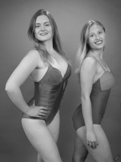 2019-05-04 CloEliza and Fabiene in purple vintage tummy-control one-piece swimsuits