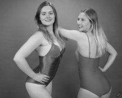 2019-05-04 CloEliza and Fabiene in purple vintage tummy-control one-piece swimsuits