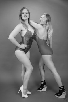 2019-05-04 CloEliza and Fabiene working out in purple vintage tummy-control one-piece swimsuits