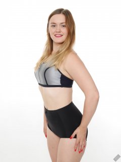 2019-05-04 CloEliza in black and silver neoprene sports top and black "style 210" vintage pantie girdle worn as hotpants
