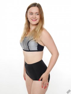 2019-05-04 CloEliza in black and silver neoprene sports top and black "style 210" vintage pantie girdle worn as hotpants