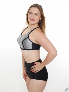 2019-05-04 CloEliza in black and silver neoprene sports top and black "style 210" vintage pantie girdle worn as hotpants