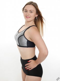 2019-05-04 CloEliza in black and silver neoprene sports top and black "style 210" vintage pantie girdle worn as hotpants