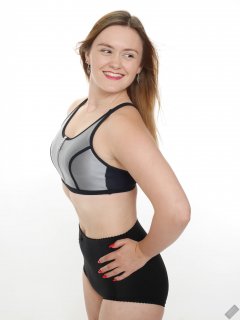 2019-05-04 CloEliza in black and silver neoprene sports top and black "style 210" vintage pantie girdle worn as hotpants