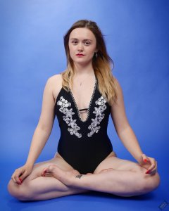 2019-05-04 CloEliza doing yoga  in her own vintage-style one-piece swimsuit